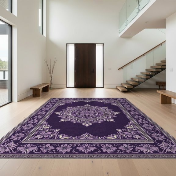 Design&I 8'x10' Washable Area Rug Purple Symmetrical Para Ornament Bordered Traditional Bedside for King Size Bedroom, Under Bed, Sleek Flatweave Pet Friendly