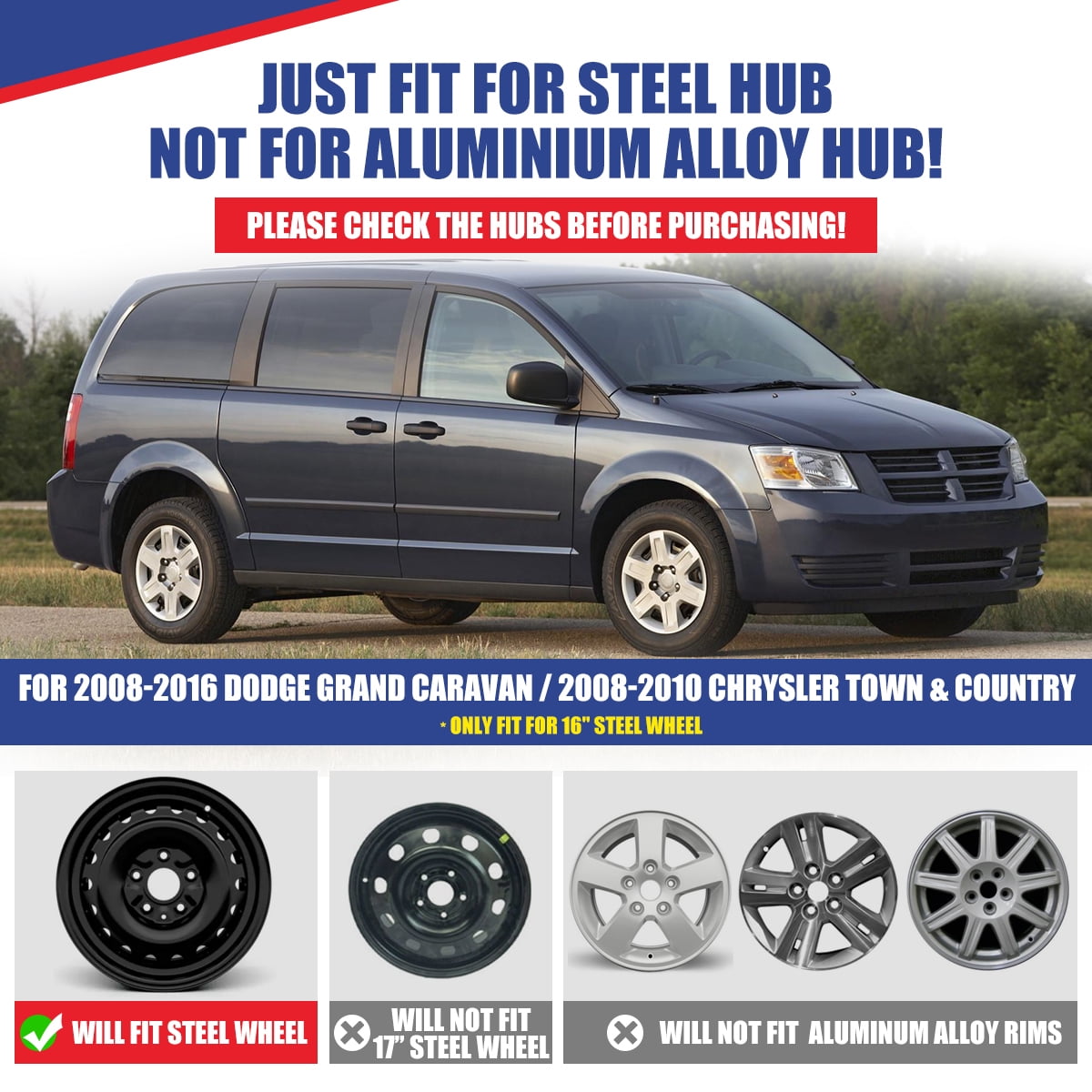 1 Piece 16" Hubcap Wheel Rims Cover for 2008-2016 Dodge Grand Caravan/2008-2010 Chrysler Town & Country Bolt-on Installation Lacquer