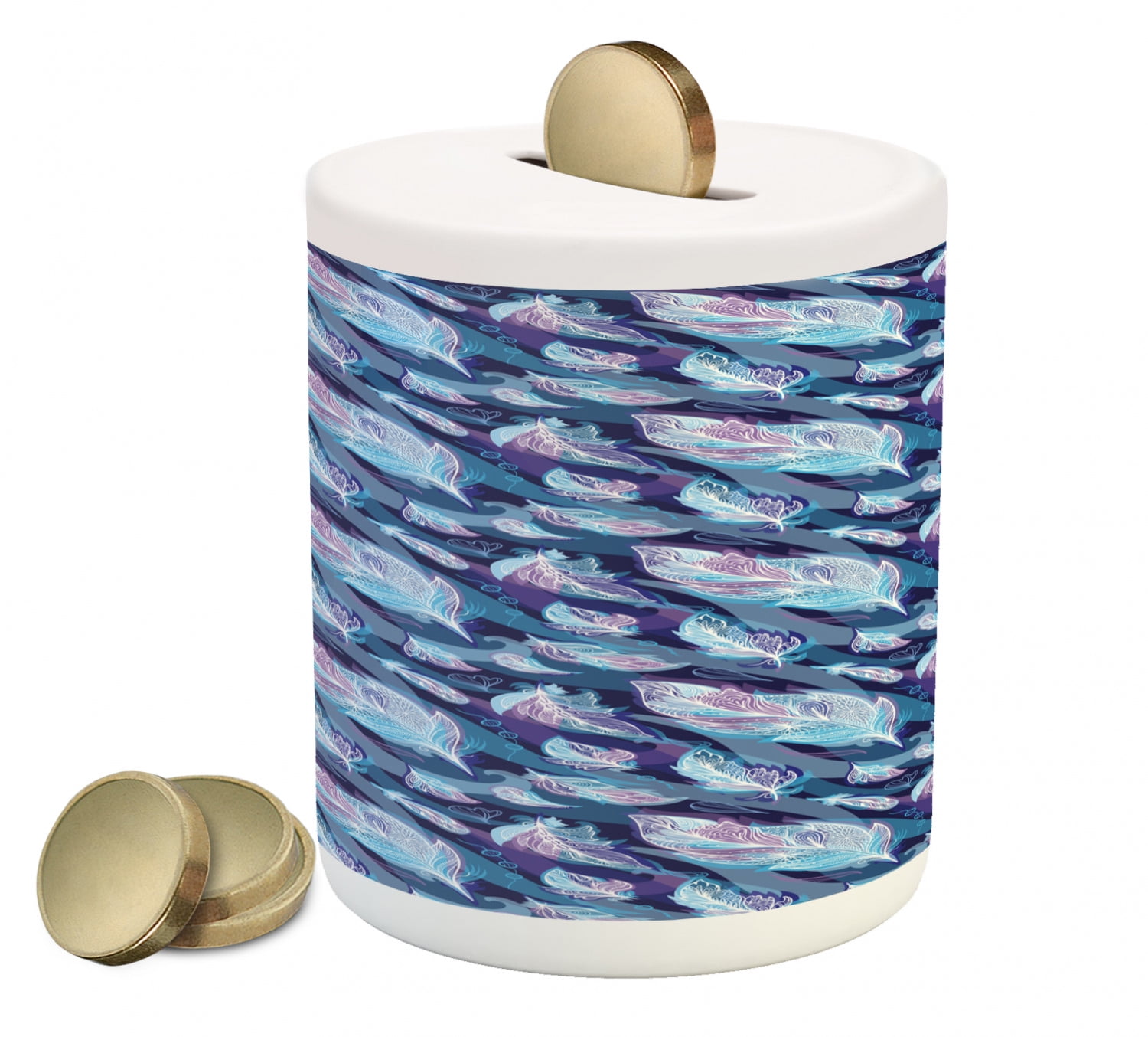 Indigo Piggy Bank, Paisley Design with Feathers and Wavy Floral Print