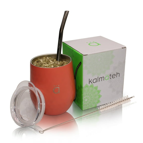 Kalmateh Yerba Mate Gourd- Modern 8 oz Mate Cup with BPA Free Lid- Double Walled 18/8 Stainless Steel - Includes Bombilla and Cleaning Brush (Coral)