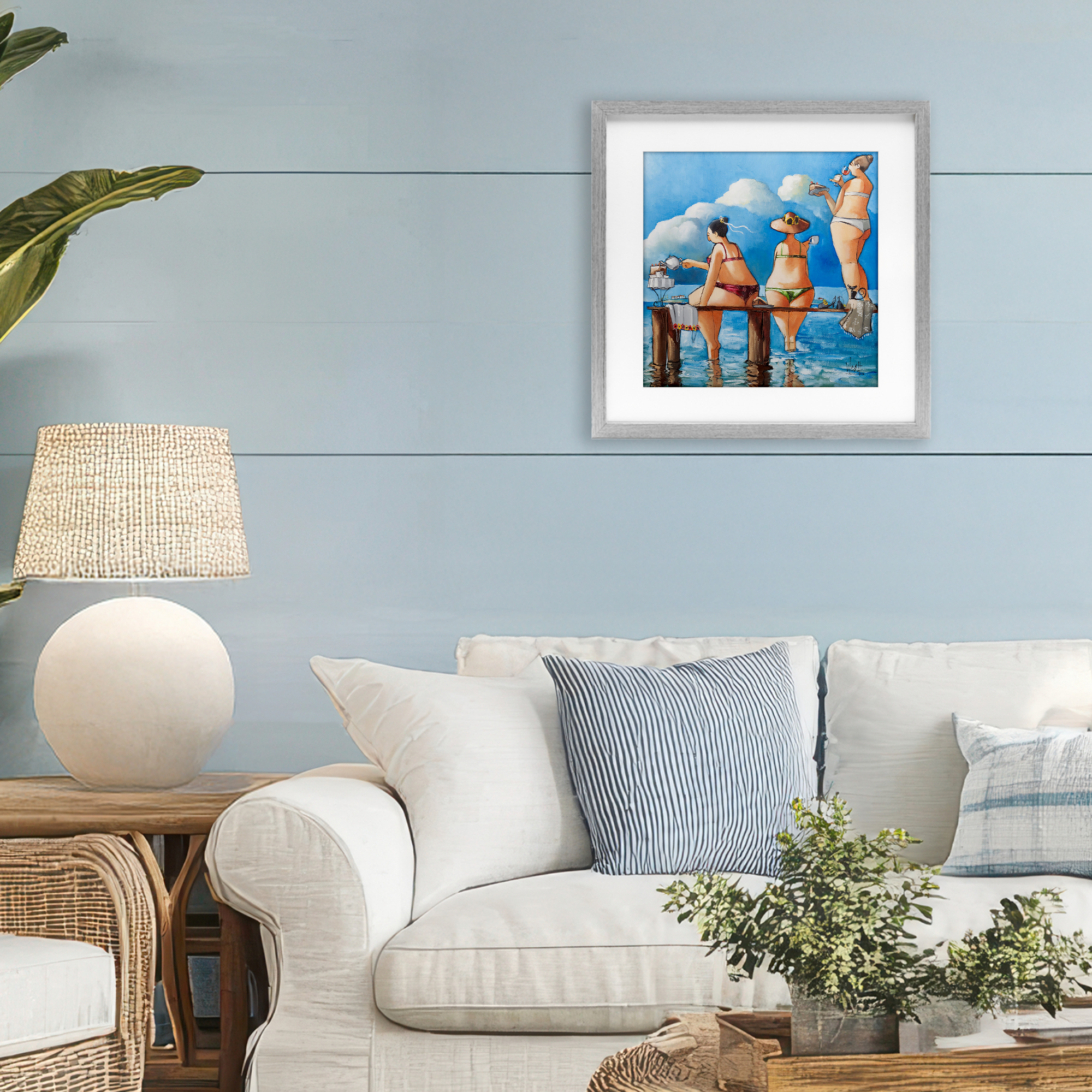 Tea Break On The Jetty Gray Framed Print Under Glass, design by Ronald West