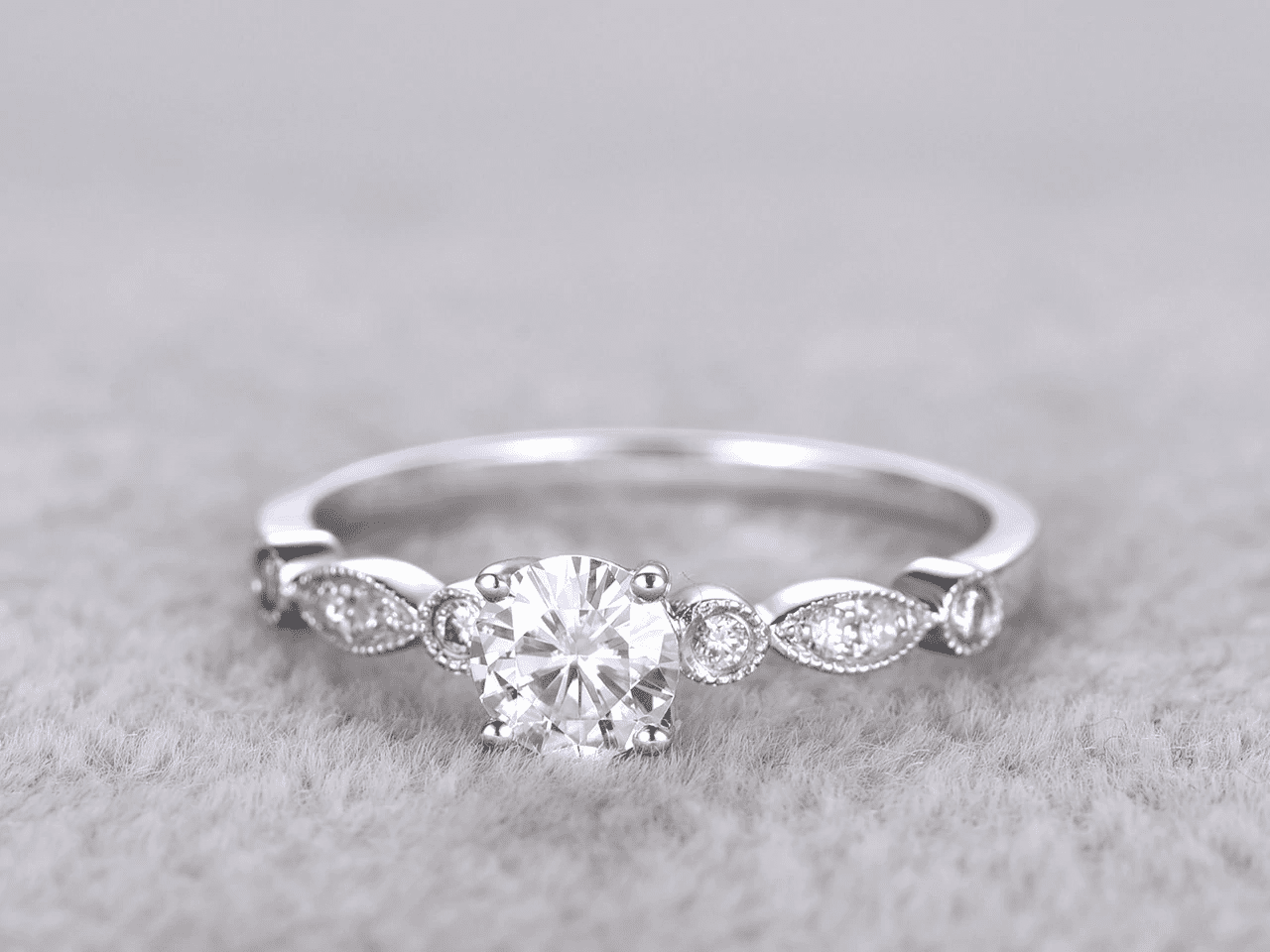 HeartsAndYou 1.2ct Round Cut Moissanite Engagement Ring for Women 18k White Gold Over Silver Vintage Inspired Milgrain Stylish