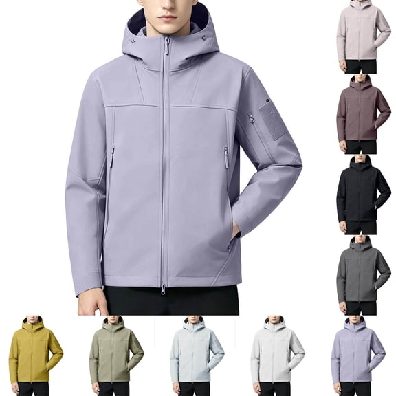 Men's Lightweight Hooded Windbreaker, Breathable Active Performance Waterproof Rain Shell Jacket with Multi Zipper Pockets, Outdoor Outerwear for Work, Commuting,Hiking & Fishing Purple