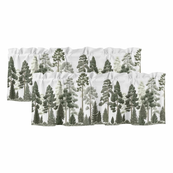 Green Pine Tree Curtain Valances for Windows, Kitchen Valance Window Treatments Panel 2 Pack, Spring Botanical Watercolor Rod Pocket Short Curtains for Bathroom Bedroom 42 x 18 Inch