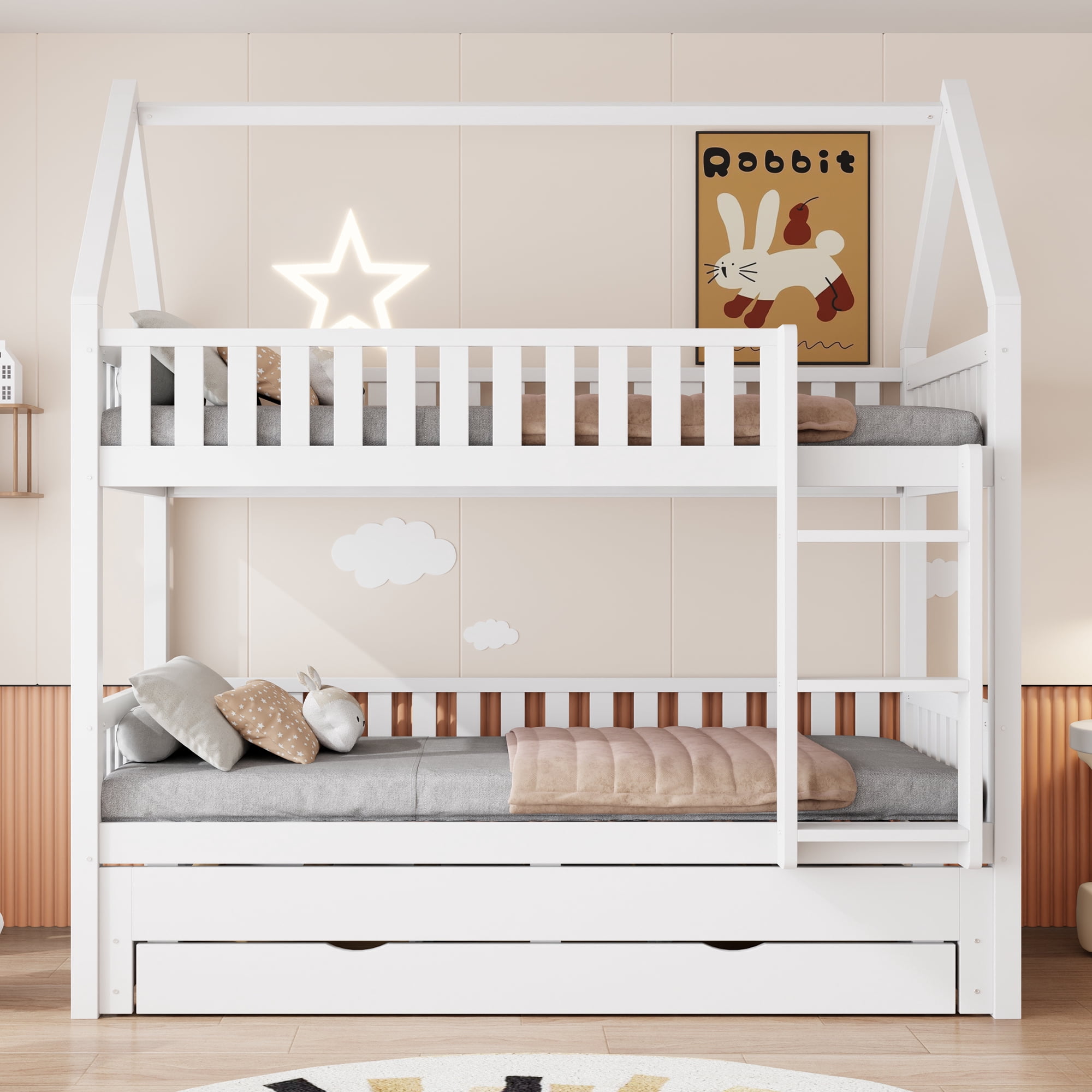 Mintazer Twin Over Twin House Bunk Bed with Trundle & 3 Drawers, Kids Bunk Bed Frame with Ladder, White