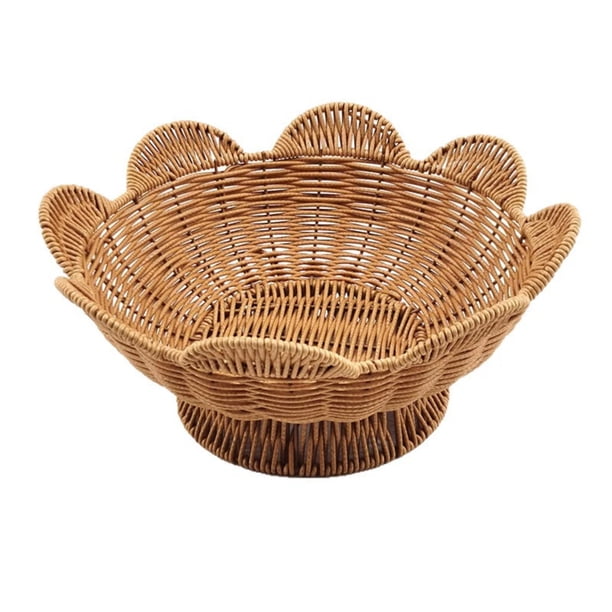 Cuenco de ratán tejido a mano, cesta para servir pan con bordes festoneados, bandejas de mesa para servir comida, cesta decorativa rústica estilo bohemio para frutas y verduras, cuencos de mimbre par