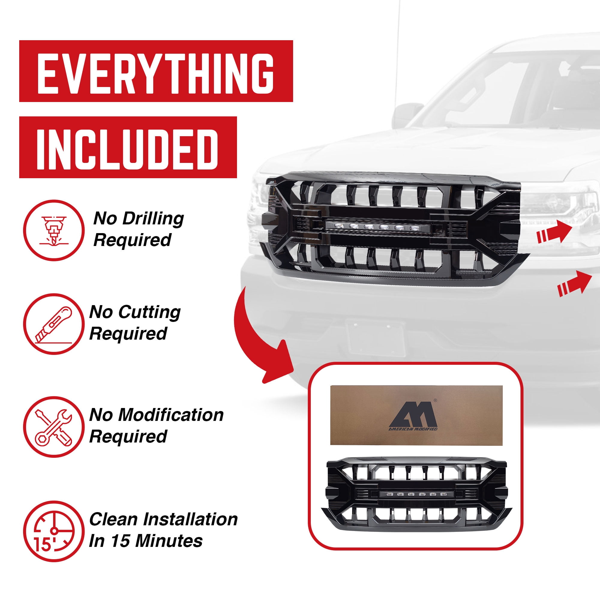 AMERICAN MODIFIED Armor Grille for 16-19 Chevy Silverado 1500, Glossy Black