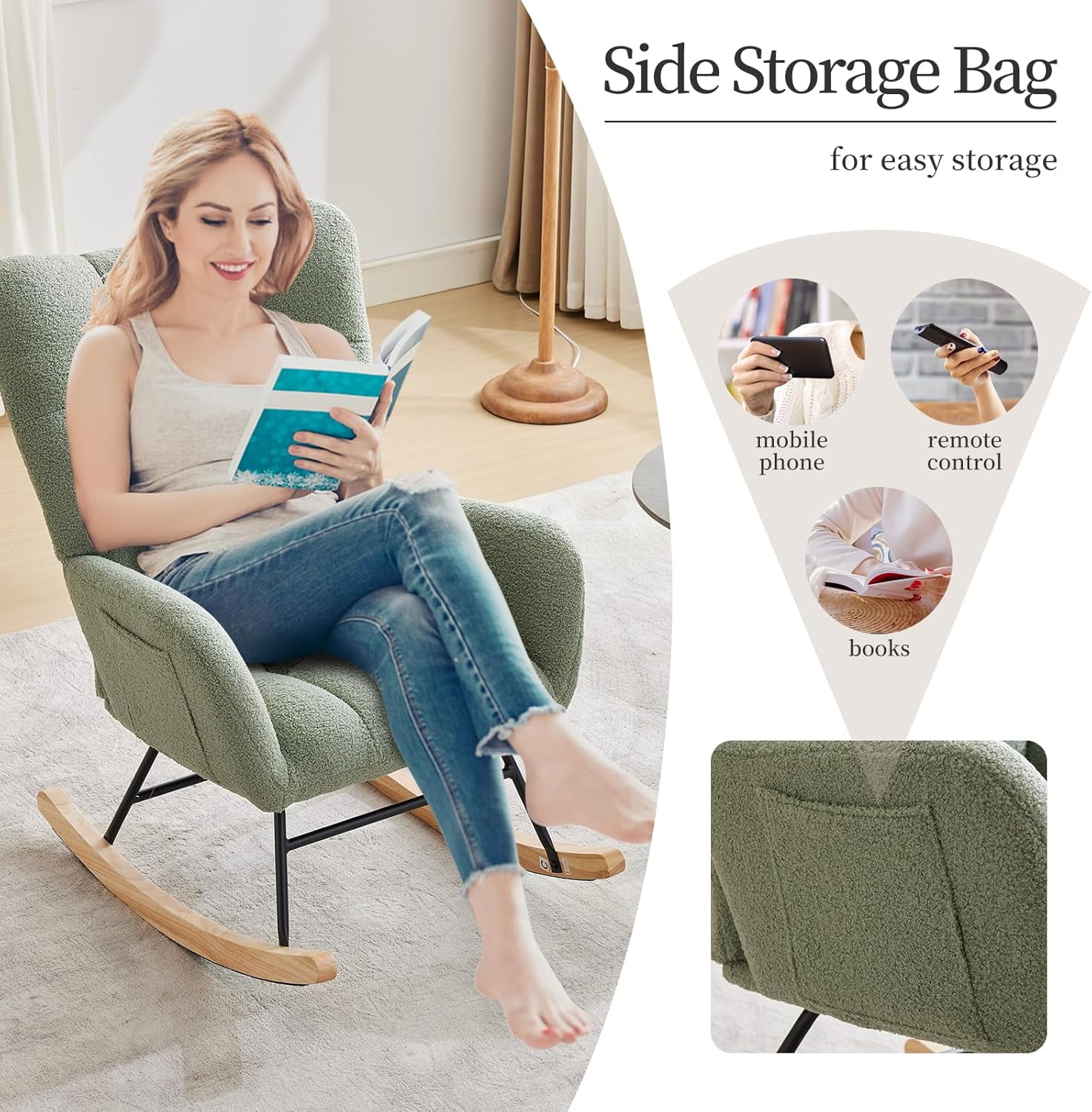 Comfy Rocking Chair Nursery, Teddy Upholstered Glider Chair w/ High Backrest Armrest Side Pockets