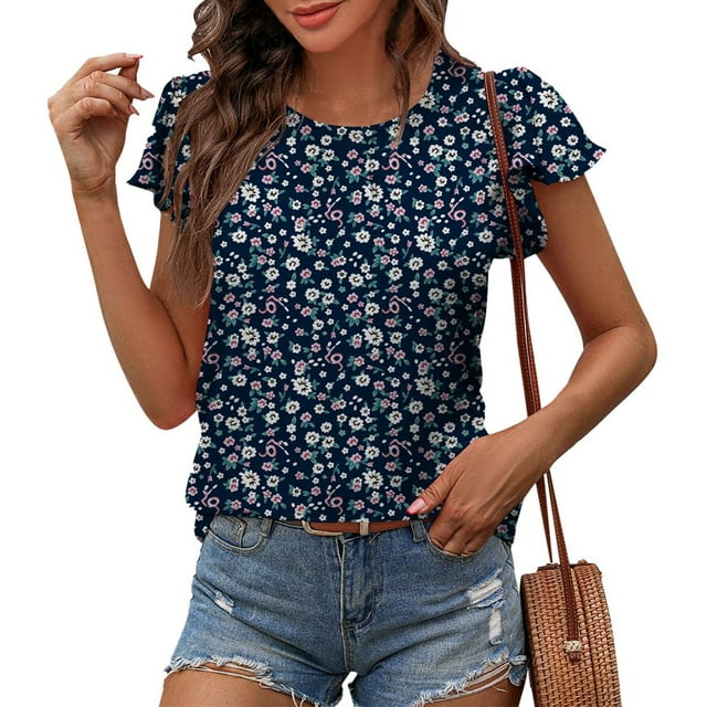 CHOK Chemisier Mode Femme Col Rond en Chiffon Couleur Unie Manches à Volants Décontracté Ample Plissé