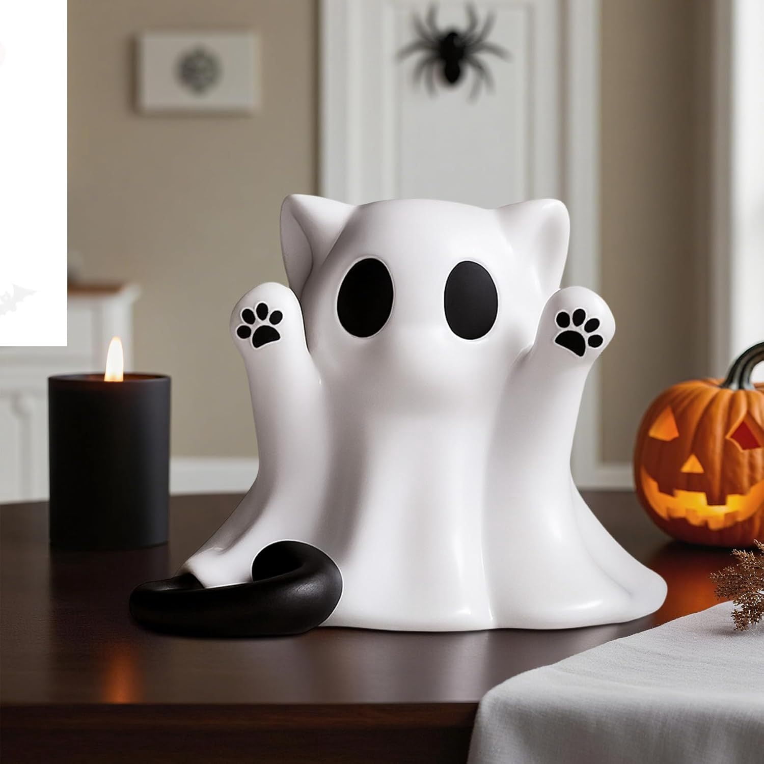 Cat-Shaped Ghost Ornament Mini Resin Figurine for Halloween Table Decor