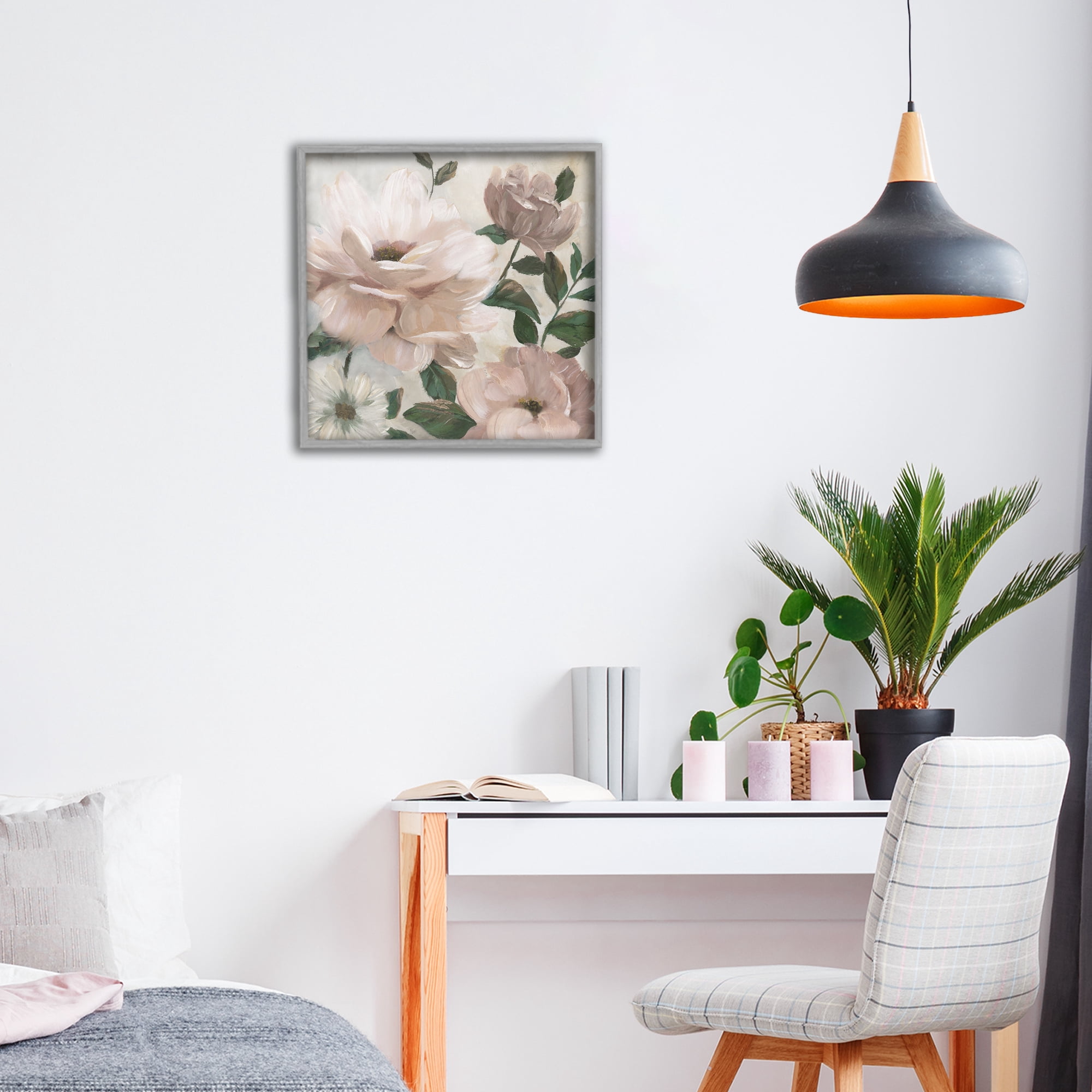 Stupell Industries Budding Blush Peonies & Leaves Gray Framed Giclee Art, design by Nan