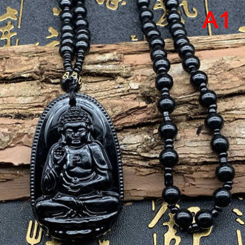 Natural Obsidian Hand Carved Buddha Lucky Amulet Pendant Necklace UK seller 