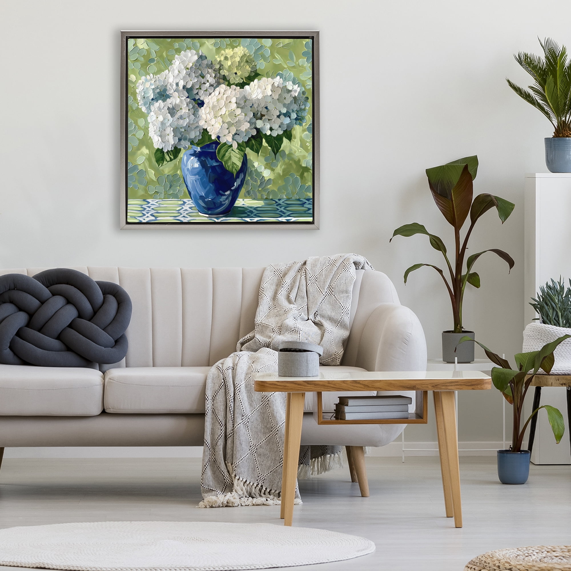 Stupell Industries White Hydrangeas in Blue Vase Gray Framed Floater Canvas Wall Art, design by Gina Kelly