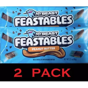 2x Mr Beast Feastables PEANUT BUTTER Milk Chocolate NEW Bar 2.1 oz - 2 PACK