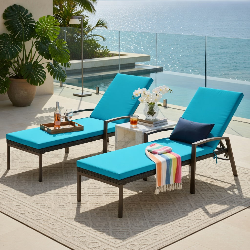 Hommoo 2-Pack Adjustable Outdoor Lounge Chairs with Removable Cushions, Steel Frame, Weather-Resistant PE Rattan, 5-Position Reclining Backrest, Turquoise