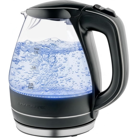 OVENTE Electric Kettle, 1.5L Borosilicate Glass Countertop Water Heater and Boiler for Coffee or Tea, BPA-Free, Auto Shut-Off, Boil-Dry Protection, Removable and Washable Spout Filter, Black KG83B