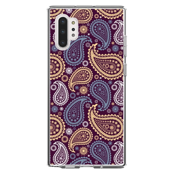 DistinctInk Clear Shockproof Hybrid Case for Galaxy Note 10 PLUS (6.8" Screen) - TPU Bumper, Acrylic Back, Tempered Glass Screen Protector - Purple Yellow Blue Paisley