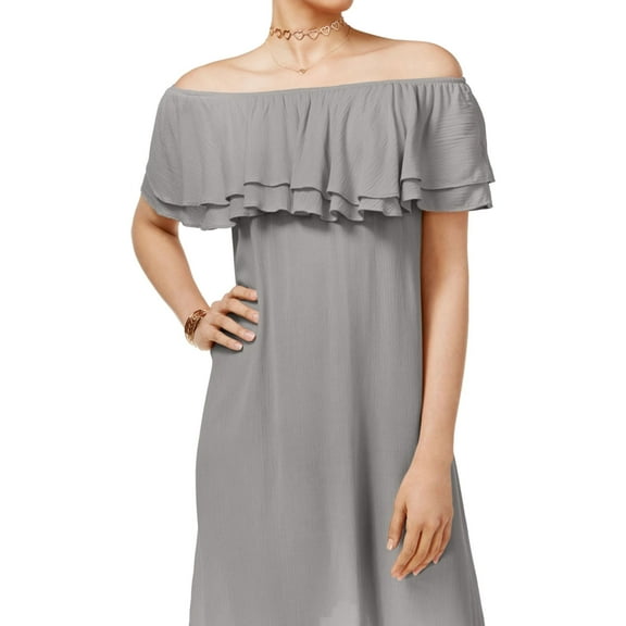 One Hart Womens Solid Ruffled Off-Shoulder Dress, Grey, X-Small