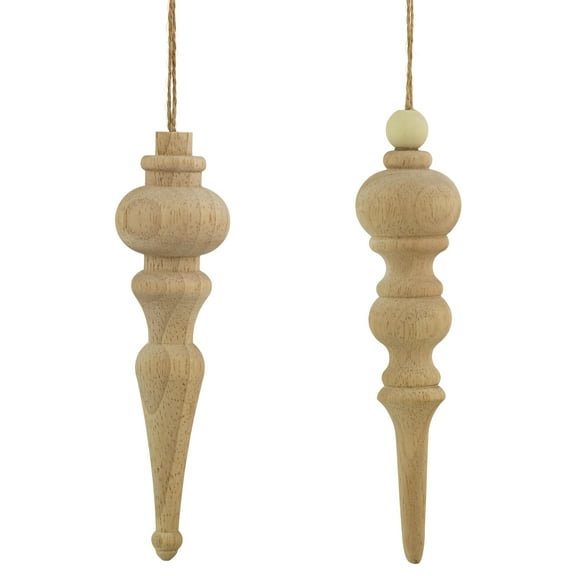 Set of 2 Natural Wood Finial Christmas Tree Ornaments 6.5"