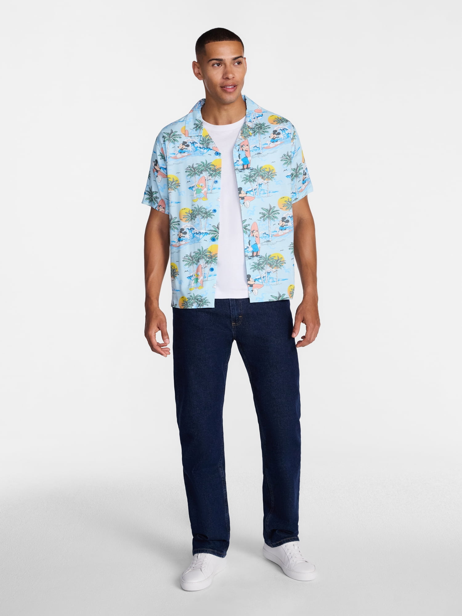 Disney Men's and Big Men's Mickey Aloha Graphic Button Up Shirt with Short Sleeves, Sizes S-4XL