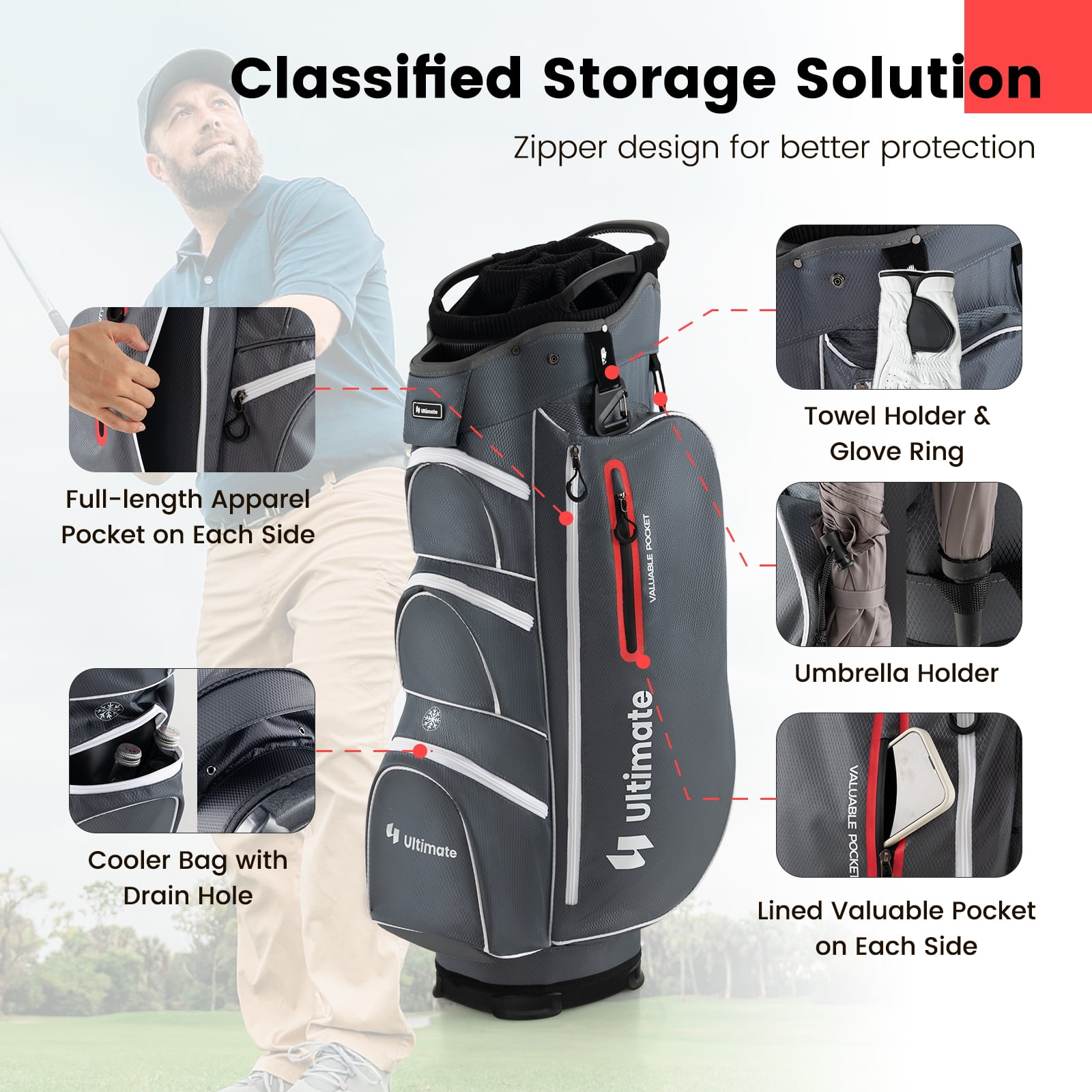 Topbuy 15-Way Golf Cart Bag Golf Club Bag with 15 Ways Organizer Divider Top 7 Zippered Pockets Cooler Bag Umbrella Holder Rain Hood Grey + Red
