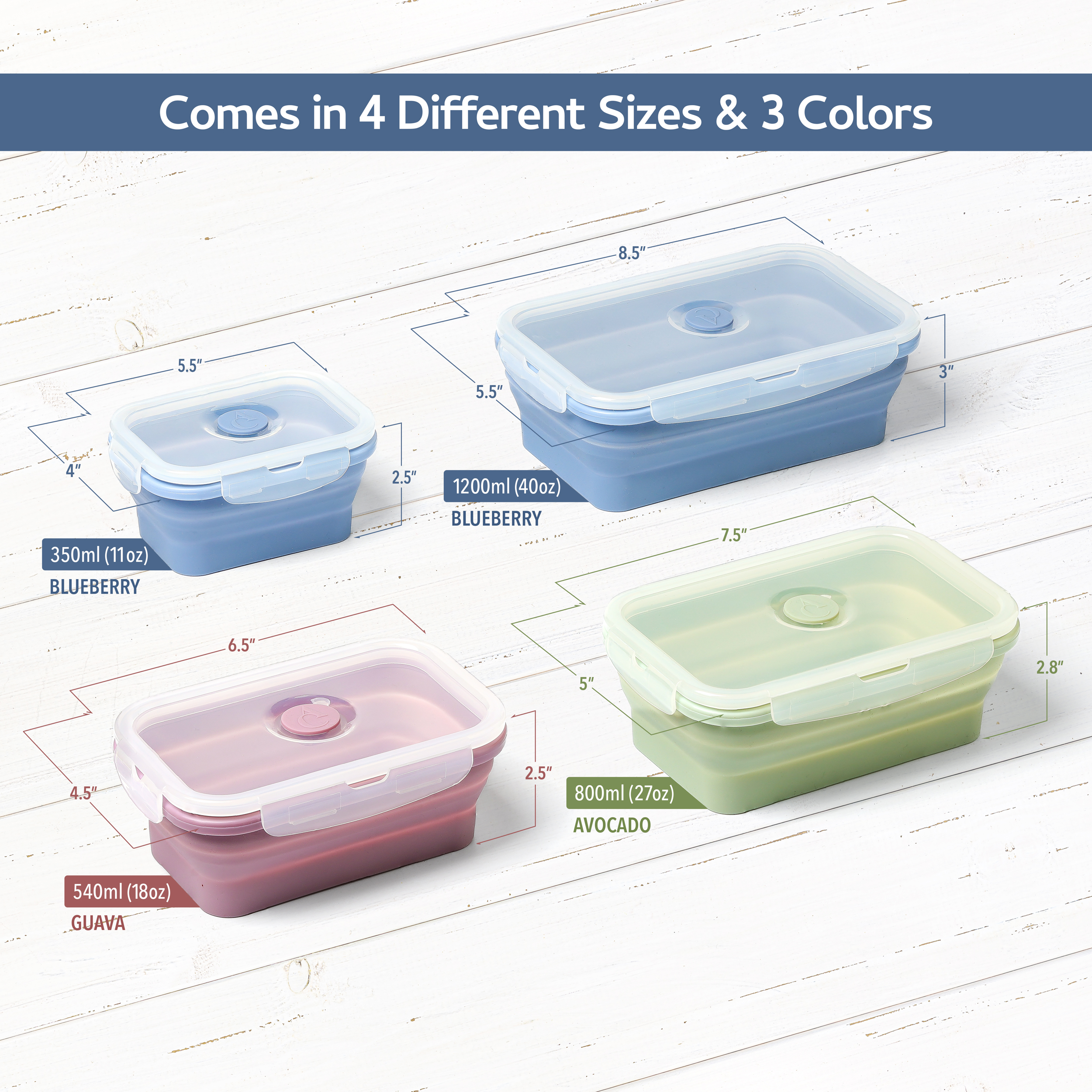 ICHC Collapsible Food Storage Containers - Reusable 4-Piece Set of Airtight Silicone Lunch Boxes