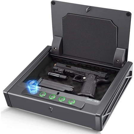 SKYSONIC Biometric or Digital Gun Safe for 3 Pistols Safe DOJ Certified with 3 Quick Access Handgun Safe Digital Keypad Frosted Black Bedside Firearm Safety Car Safe Hardened Steel Lock Box
