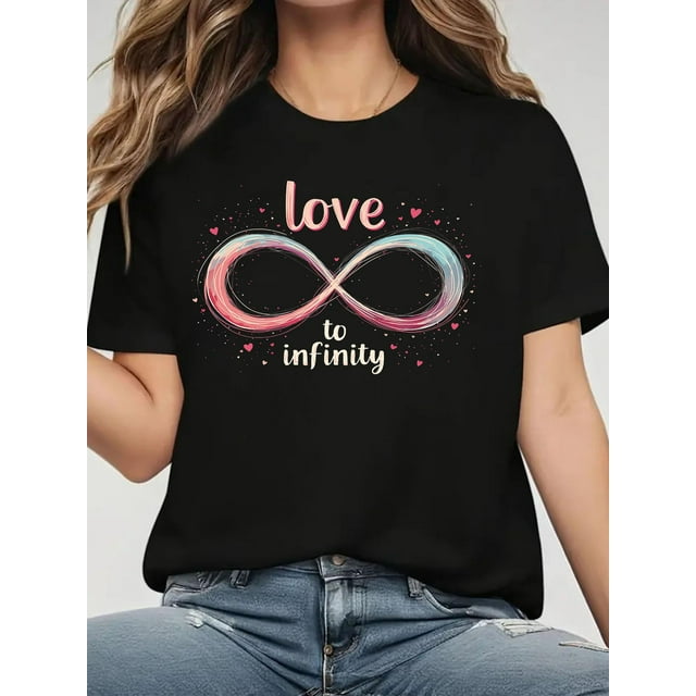 Camiseta de manga corta para mujer con estampado del símbolo de amor infinito con temática de San Valentín, diseño elegante y personalizado, es el regalo ideal para el día de San Valentín.