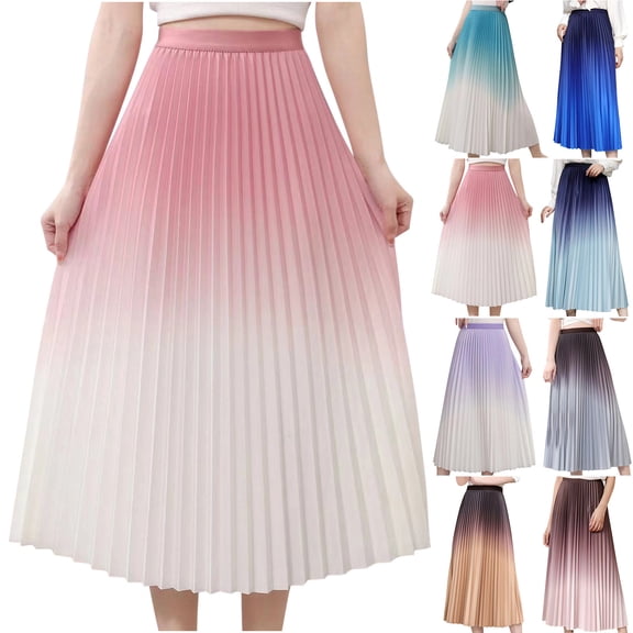 Einccm Women's Gradient Pleated Skirt - Spring Summer High Waisted A-line Maxi Skirts - Slim Fit Flowy Long Skirt for Casual Daily Wear and Party Events