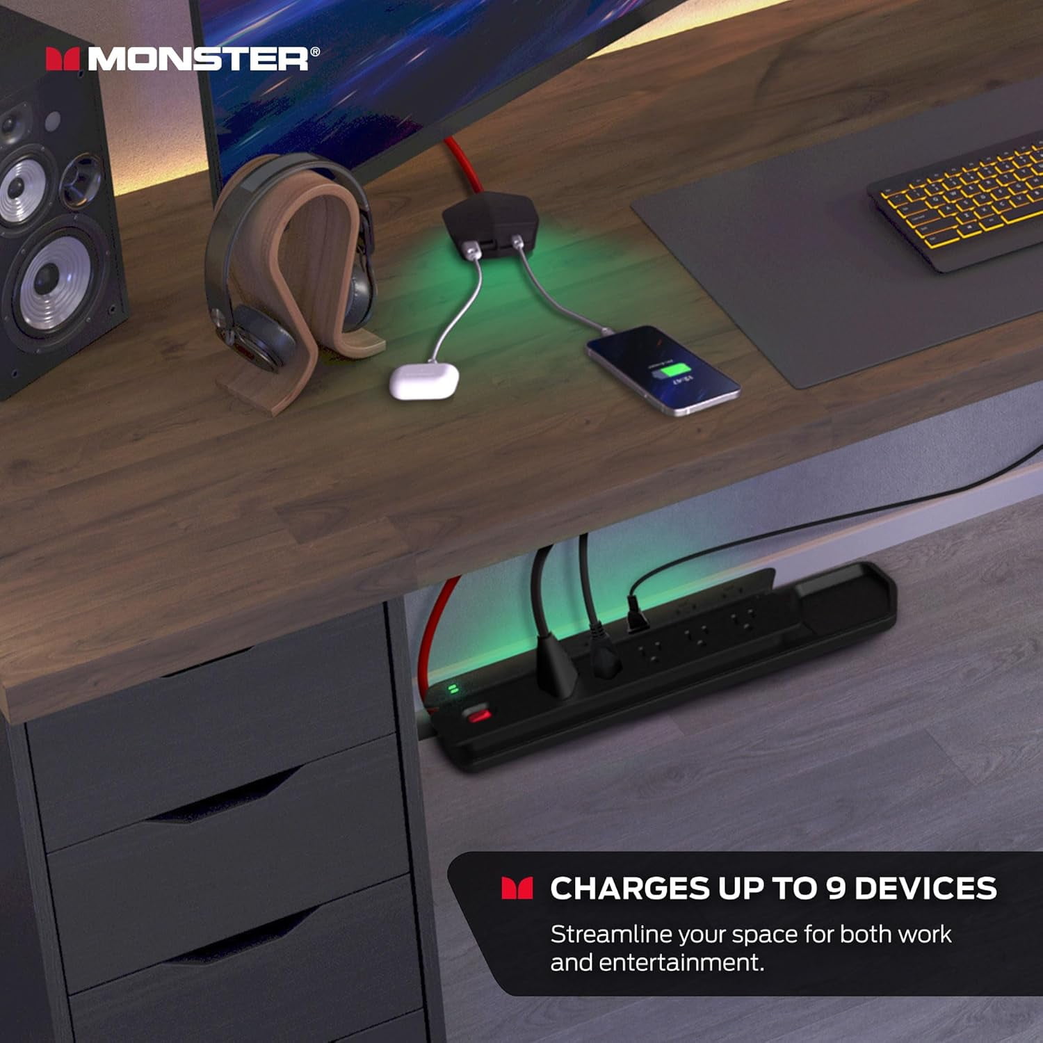 Monster Power Center Vertex XL: Surge Protector Power Strip, 10 AC Outlets, 2 USB-A, 1 USB-C (20W)