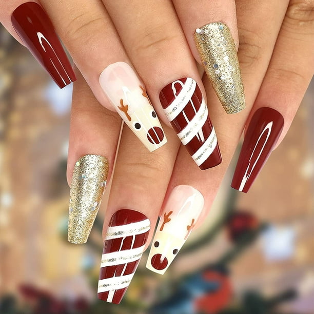 Christmas Press On Nails Medium Coffin Fake Nails With Red White Elk  Stripes Design Stick On Nails For Women 24Pcs Glossy Ballerina Gold Glitter  Acrylic Artificial False Nails (Red Gold Elk ) -