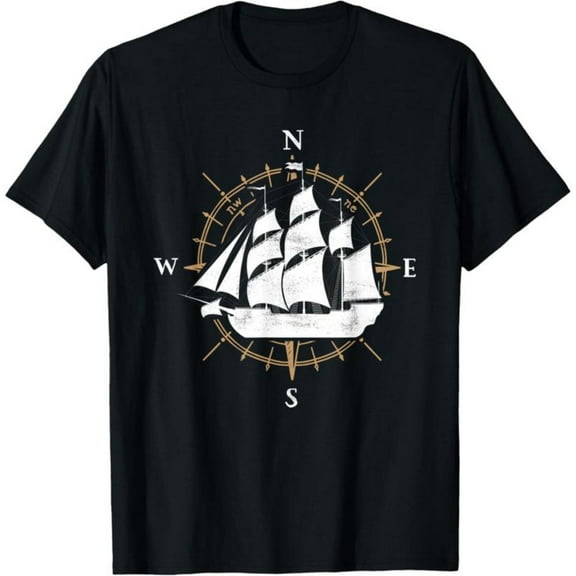 Compass Sailing Ship Nautical Design Graphic T-Shirt for Men, Sailor Boat Ocean Theme Top，Classic，cotton，black，S-5XL
