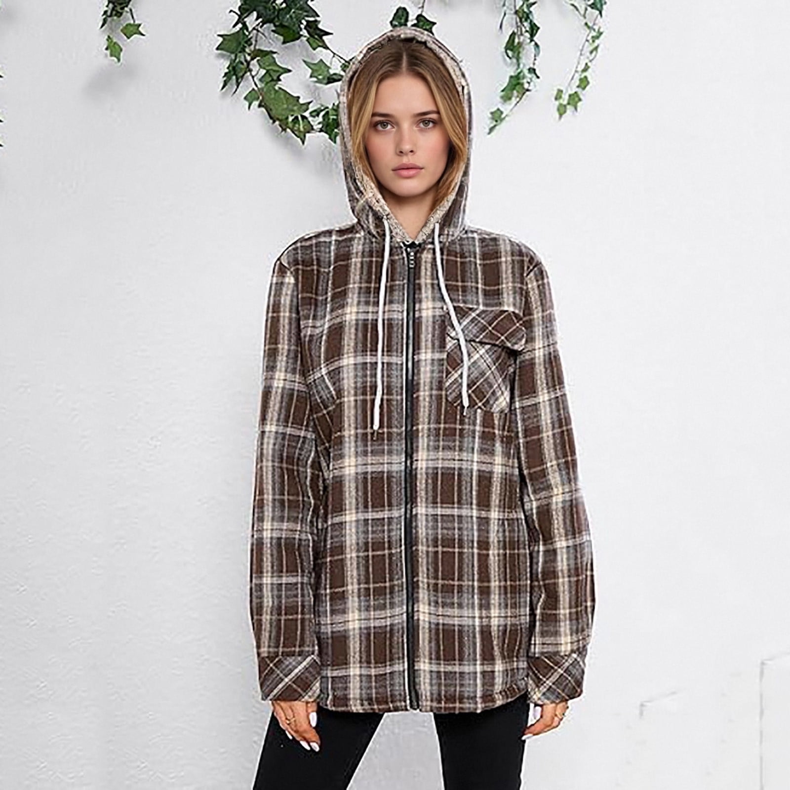 Womens Sherpa Fleece Lined Flannel Jacket Button Down Plaid Lightweight Flannel Shirt Jacket Women