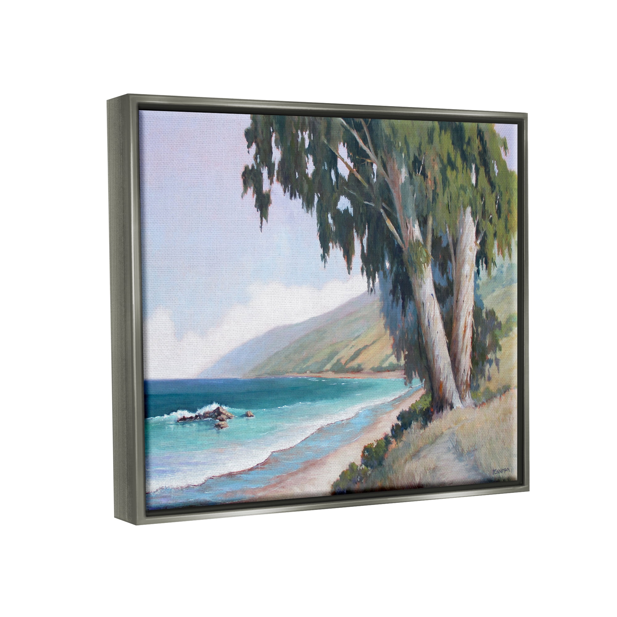 Stupell Seaside Vegetation Beach Waves Cove Landscape Painting Gray Floater Framed Art Print Wall Art