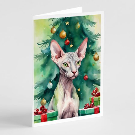 Carolines Treasures DAC7211GCA7P 5 x 7 in. Donskoy Don Sphynx Cat by the Christmas Tree Greeting Cards - Pack of 8