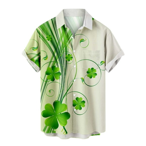 Men Button Down Shirts with Chest Pocket St Patrick's Day Lapel Short Sleeve Beach Shirt Green Casual Holiday Tops