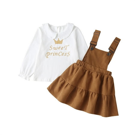 

koaiezne Kids Toddler Chlidren Girls Autumn Winter Long Sleeve Ruffle T Shirt Tops Suspender Skirts Set Clothing Welcome Home Baby Girl Clothes Girl 2