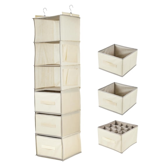 3-Tier Hanging Closet Organizer with Drawers - Non-Woven Fabric Storage Shelves for Bedroom, Foldable Design, 11.8x11.8x47.2 Inches, Beige