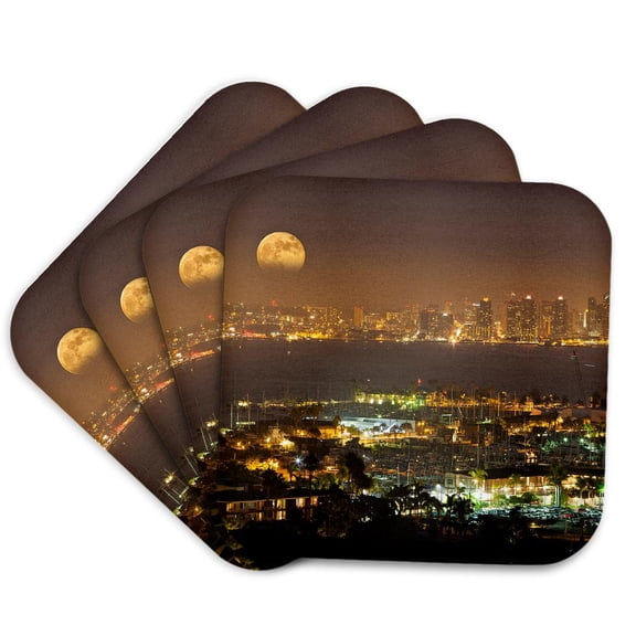 3dRose, Moonrise over the San Diego skyline , Set of 4 Coasters - Soft