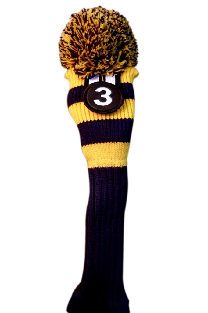 Majek #2 & 3 Hybrid Combo Pack Rescue Utility Blue & Yellow Golf Headcover Knit Pom Pom Retro Classic Vintage Head Cover