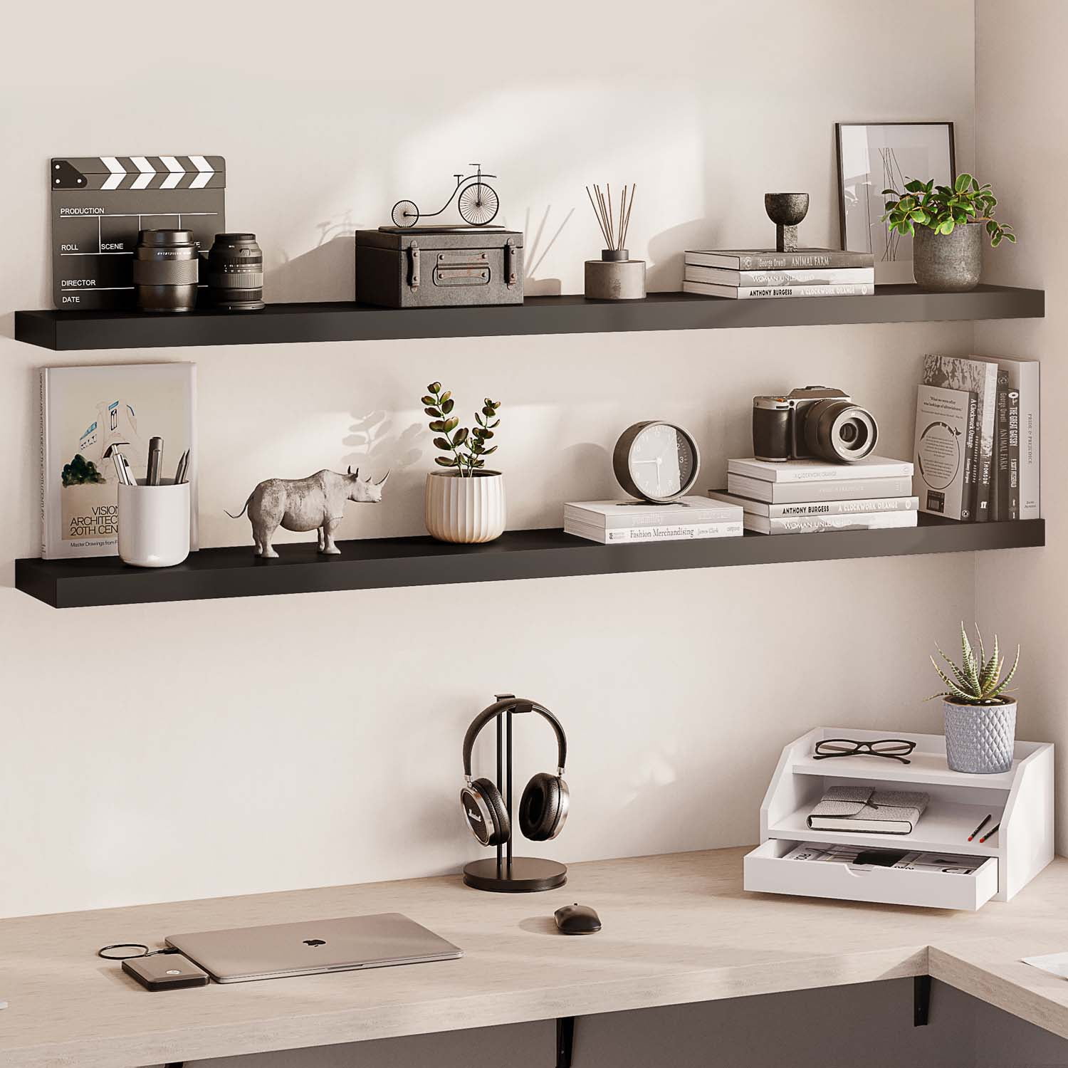 Ballucci 60" Floating Shelves, 2-Pack Wood Wall Shelf Set with Invisible Brackets, 8" Deep, Black