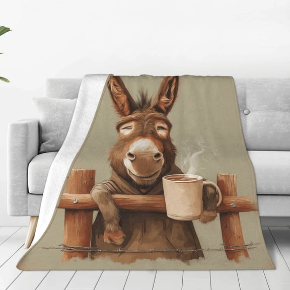 Coffee Donkey Throw Blanket, Funny Tired Animal Monday Mood Art, Soft Flannel Fleece for Home Office Decor 50x40