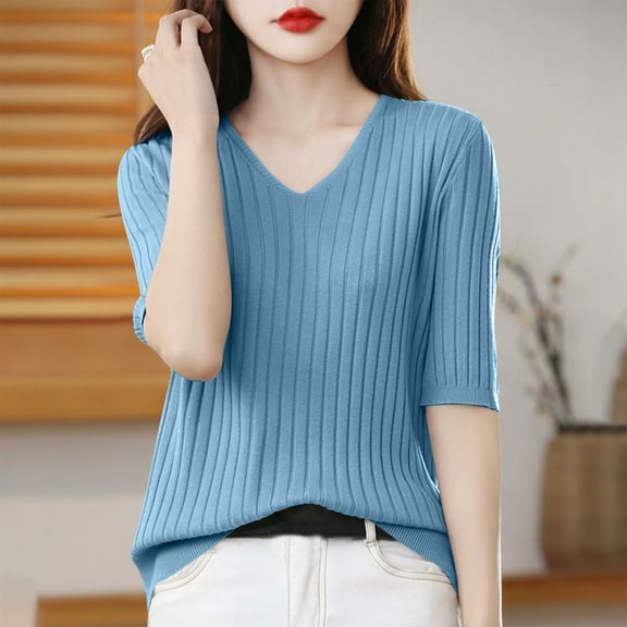 Delliss Womens Short Sleeve Sweaters V Neck Tops Business Casual Lightweight Knit Comfy Blouses Summer Fashion Outfits 2025