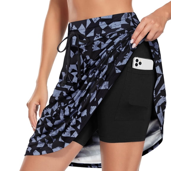 Athletic Skorts For Women Knee Length Drawstring Athletic Skort High Waist Built-In Shorts Tennis Golf Skirt With Side Pocket For Sports Blue S