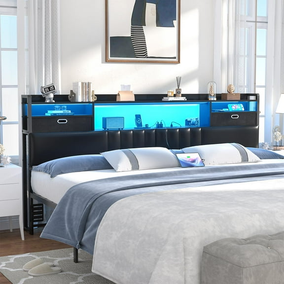 Aheaplus King Headboard with Drawer Storage and RGB LED Light, King Size Upholstered Headboard with Charging Station and Bookcase, for Bedroom/Dorm Room/Guest Room, Black