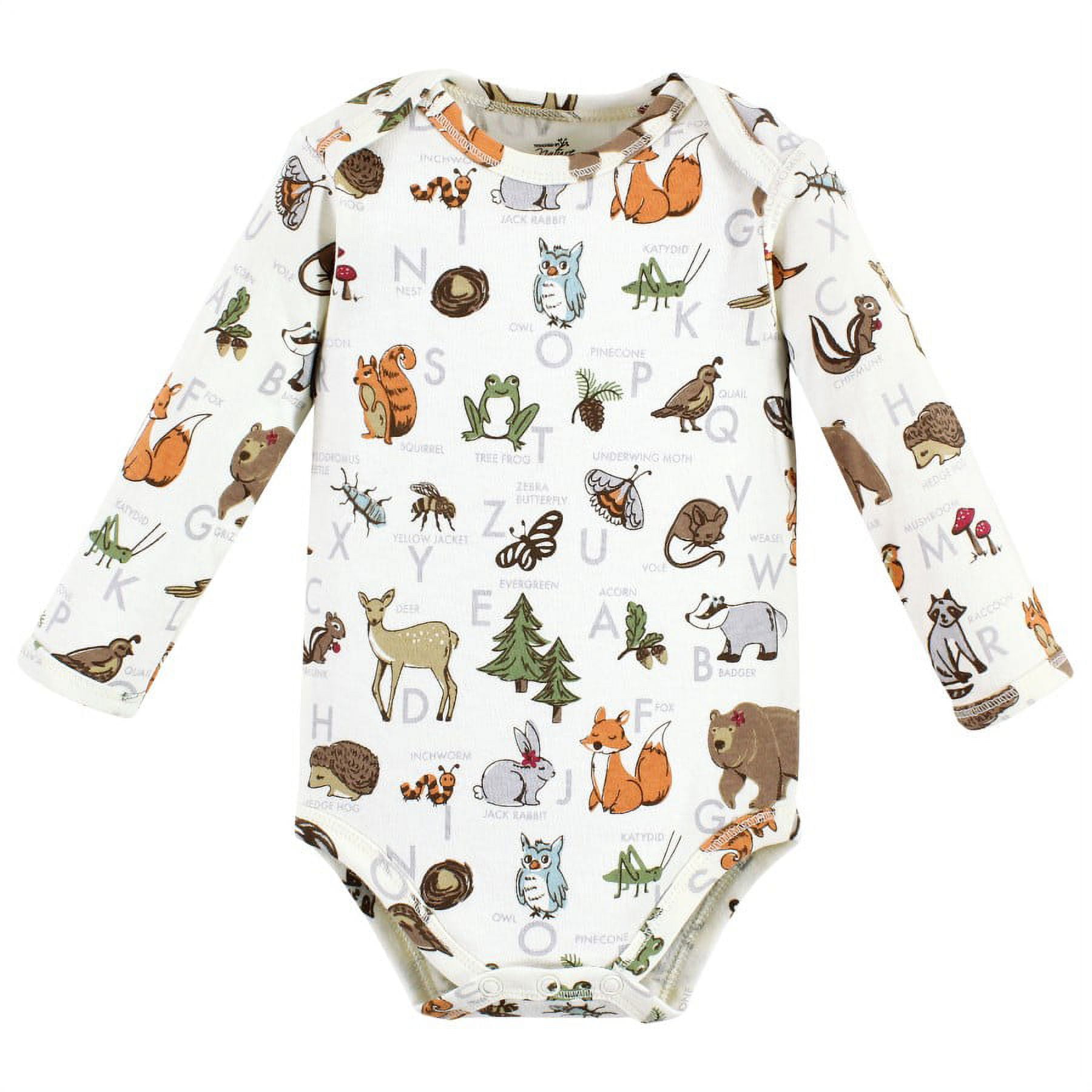 Touched by Nature Infant Girl Organic Cotton Long-Sleeve Bodysuits, Girl Woodland Alphabet 5-Pack, 0-3 Months