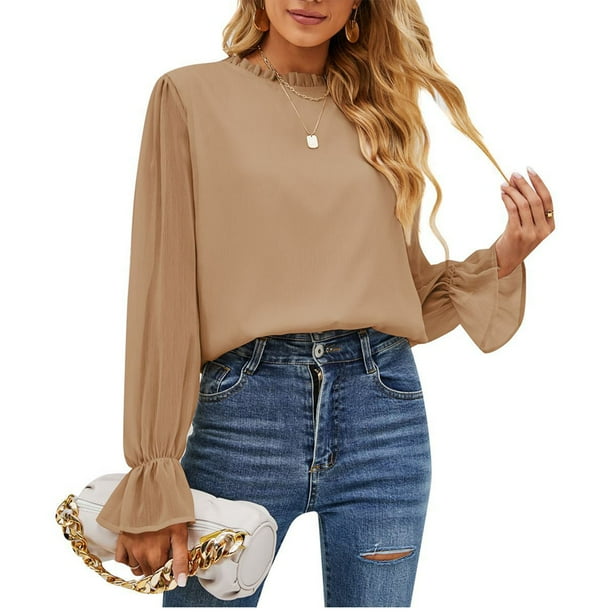 Camisa De Moda Para Mujer, Blusas Elegantes De Gasa De Manga Larga Con Cuello Alto Cómodas Para El Trabajo Para Citas Para Mujer ANGGREK Caqui L