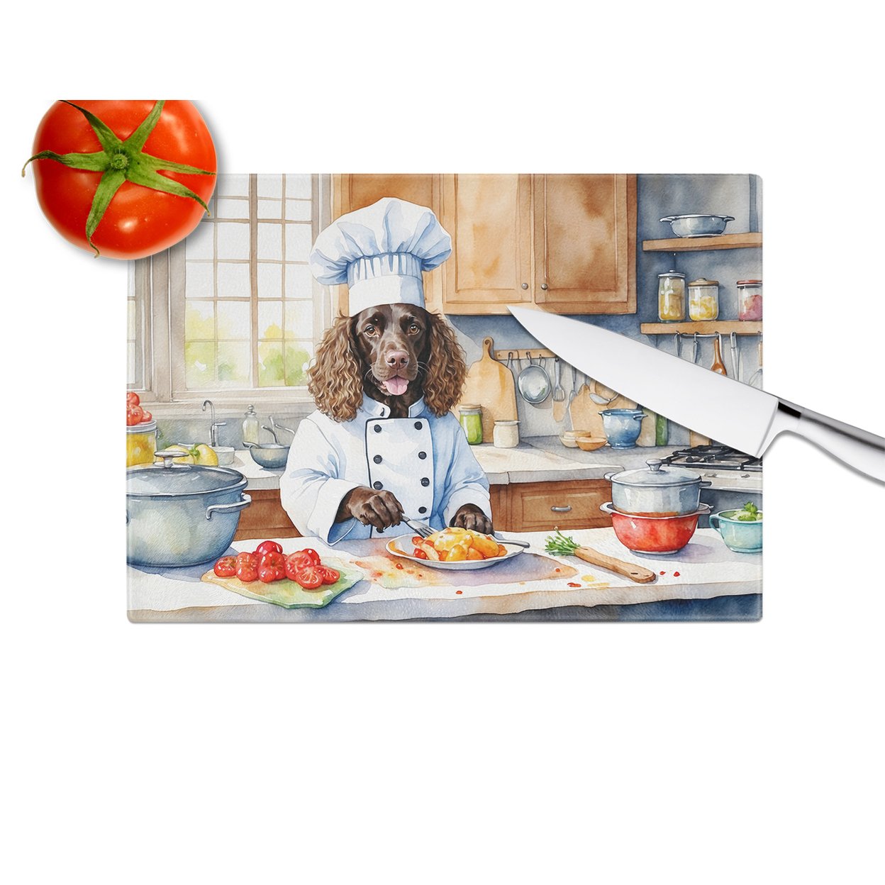 Water Spaniel The Chef Glass Cutting Board 12 in x 15 in