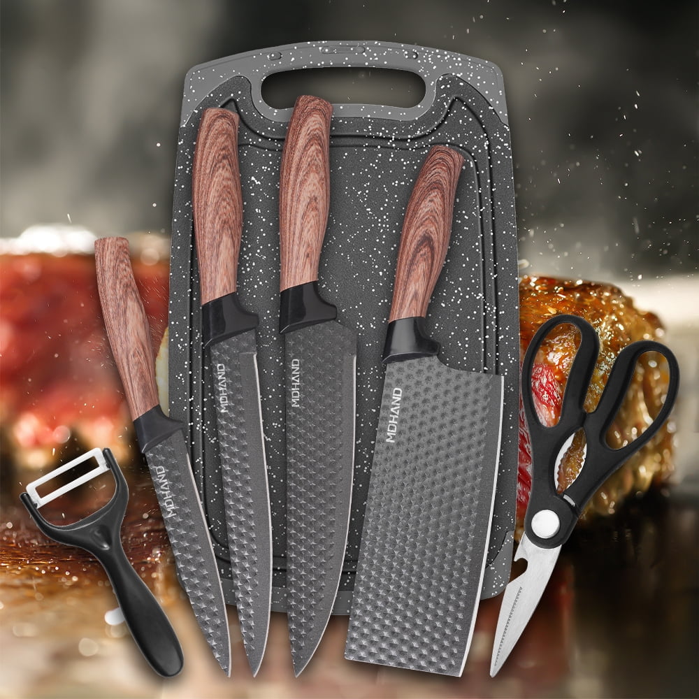 MDHAND 7-Piece Kitchen Knife Set ,Non-Stick Diamond Finish, Brown Wooden Handles, Cutting Board, Scissors, Peeler – Essential Cooking Tools in Gift Box
