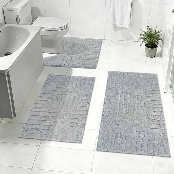 Aonewoe Bath Mat Sets 3 Piece Microfiber Bathroom Mat Sets Water Absorbent Washable Non Slip Bath and Toilet Rug Set for Bathrooms Decor（Gray）